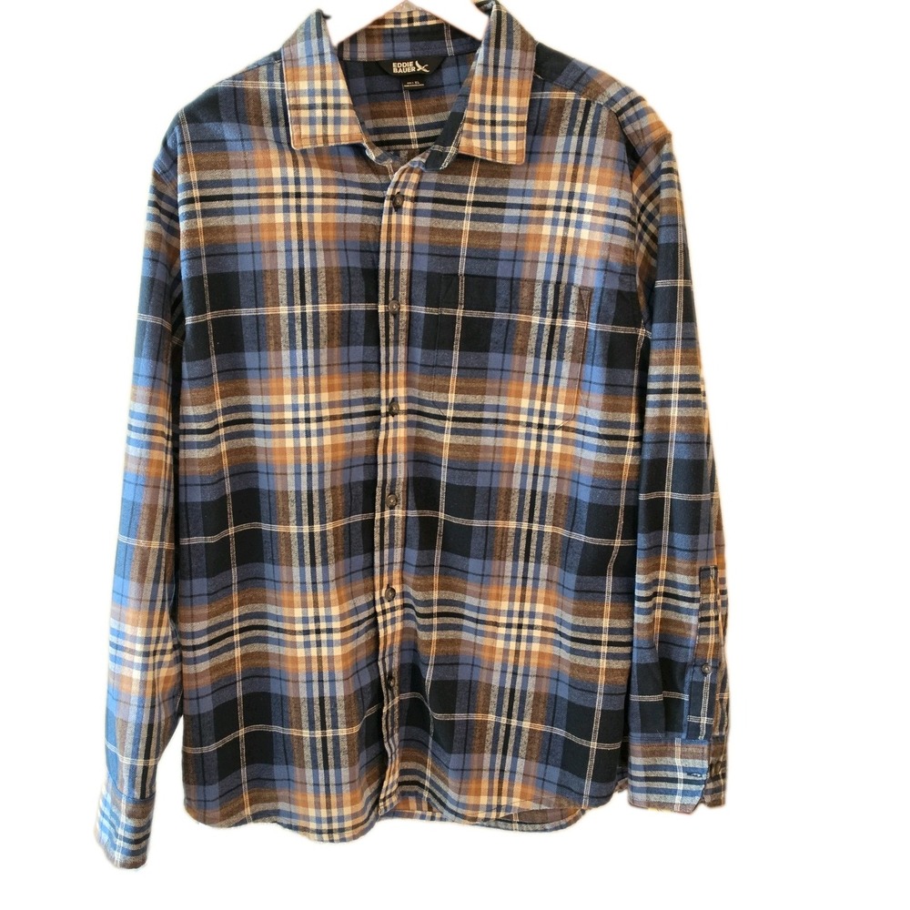 Eddie Bauer Blue Brown Plaid Flannel Shirt XL Long Sleeve Button-Up